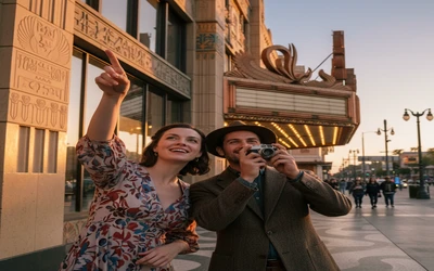 Film lovers exploring classic Hollywood architecture
