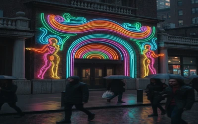 Vintage Hollywood theater facade with neon signage